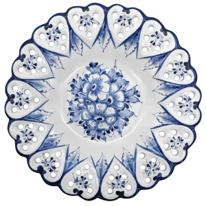 11.5 Inch Hand painted Blue and White Alcobaça Ceramic Decorative Plate Border Hearts