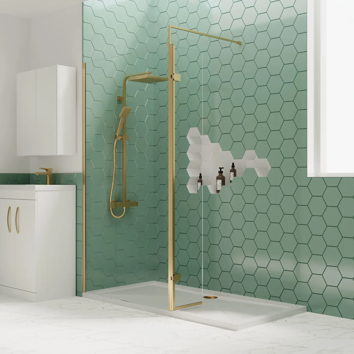 1500 x 700mm Stone Shower Tray & 8mm Screen Pack - Brushed Brass Profile - Image 4