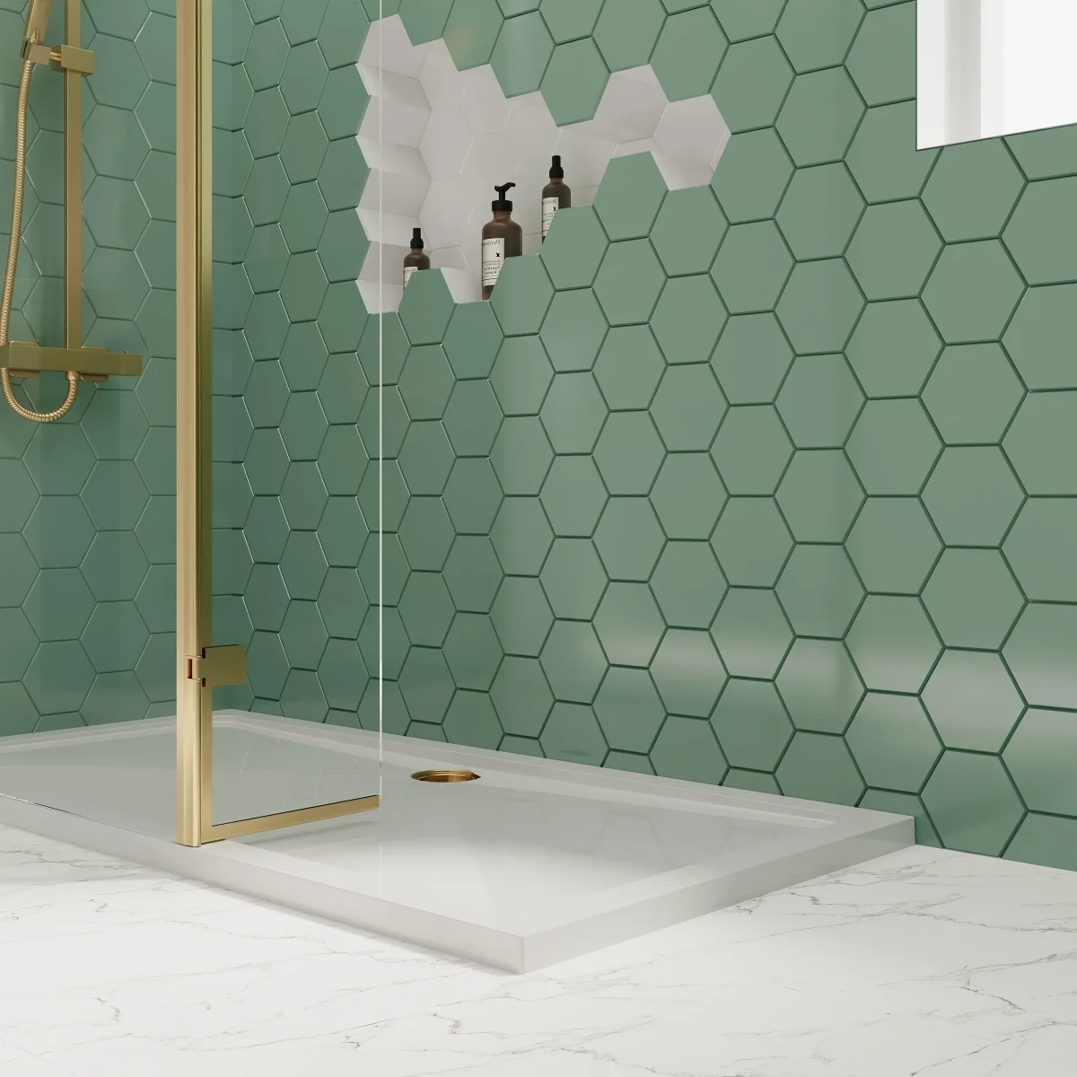 1500 x 700mm Stone Shower Tray & 8mm Screen Pack - Brushed Brass Profile - Image 8