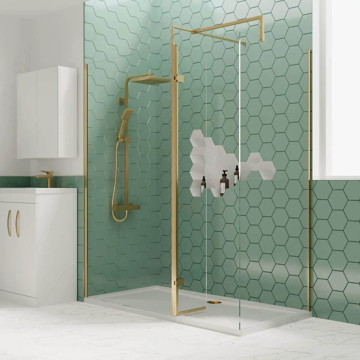 Brushed Brass Enclosure with Stone Shower Tray - Various Sizes Available - Image 7