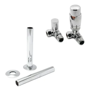 Chrome Thermostatic Radiator Round Valves with 130mm Pipe Sleeves - Corner