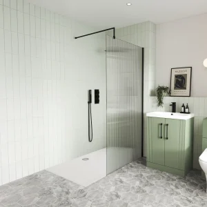 1600 x 800mm Stone Shower Tray & 8mm Screen Pack - Fluted Glass Matt Black