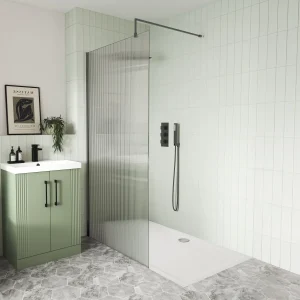 1700 x 800mm Stone Shower Tray & 8mm Screen Pack - Fluted Glass Brushed Pewter